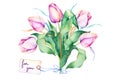 Spring bouquet with branches, delicate purple tulips, leaves