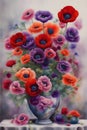 Spring bouquet in bright colors of red, purple and orange