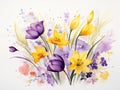 Spring bouquet with crocus and iris flowers. illustration. Generative AI Royalty Free Stock Photo
