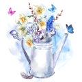 Spring bouquet with daffodils, pansies, muscari and butterflies