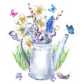 Spring bouquet with daffodils, pansies, muscari and butterflies