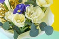 Spring bouquet of flowers. Irises, tulips, mimosa and eucalyptus. Yellow and blue flower. Bud close-up. Floral Royalty Free Stock Photo