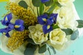 Spring bouquet of flowers. Irises, tulips, mimosa and eucalyptus. Yellow and blue flower. Bud close-up. Floral Royalty Free Stock Photo