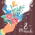 Spring bouquet. 8 march card or postcard. Square poster. Greeting and invitation. Woman day celebration. Female hand