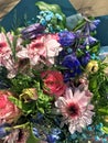 Spring bouquet of mixed colorful flowers. Flowers bouquet including pink chrysanthemum, Beautiful Blue Delphinium, pink rose. Royalty Free Stock Photo