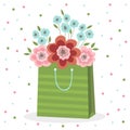 Spring bouquet of pink and blue flowers in a green paper bag. Vector illustration on white background with dots Royalty Free Stock Photo