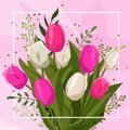 Spring bouquet with pink and white tulip and grass on pink background. Vector flowers for design Royalty Free Stock Photo