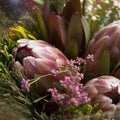 Spring bouquet of red protea, waxflower a for a special wedding