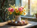 Spring bouquet with tulips and daffodils in vase. Decorated eggs rest on straw mat. Rustic table setup, bright window light Royalty Free Stock Photo