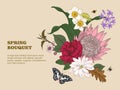 Spring Bouquet - victorian retro style hand-drawn vectorized botanical elements with butterfly and bumble bees.