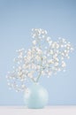 Spring bouquet of white small fluffy flowers in blue smooth circle ceramic vase on soft white wood table and pastel blue wall.