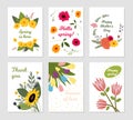 Spring bouquets card. Women invite, flowers seasonal postcards. Wild floral and branches banners. Cartoon tulips