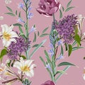 Spring bouquets on the vintage deep pink background. Seamless pattern with delicate flowers.
