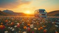Vintage van on spring break road trip through vibrant flower field. Generative AI Royalty Free Stock Photo