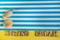 Spring break text, flat lay on a striped blue and yellow background, seashells with a copy of space, travel concept