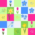 Spring bright flower checkered vector seamless background, patchwork pattern with cute flat blooming plants Royalty Free Stock Photo