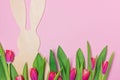 Spring bright fresh flowers on a pink background. Wooden empty easter bunny silhouette figure