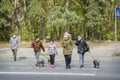 In spring  on a bright sunny day  people cross the road at a pedestrian crossing Royalty Free Stock Photo