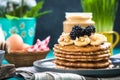 Spring brunch, pancakes with fresh fruits