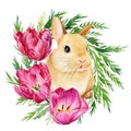 Spring bunny with flowers on white isolated background, watercolor illustration, digital poster. Easter rabbit