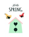 Spring card with birdhouse and birds, vector illustration