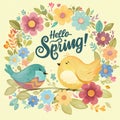 Spring card with cute birds and Colorful Flowers Welcoming Spring Illustration