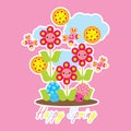 Spring card with cute butterfly, mushroom and flower cartoon Royalty Free Stock Photo