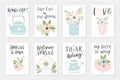 Spring card set, hand drawn elements with quotes, calligraphy, flowers, wreath, leaf.