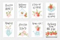 Spring card set, hand drawn elements with quotes, calligraphy, flowers, wreath, leaf.