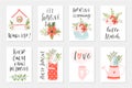 Spring card set, hand drawn elements with quotes, calligraphy, flowers, wreath, leaf. Royalty Free Stock Photo