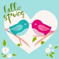 Spring card with two kissing birds on branch. Seasonal lettering hello spring, handdrawn vector illustration. Poster Royalty Free Stock Photo