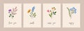 Spring cards with delicate flowers, herbs. Floral nature postcards designs, summer plants and quotes. Vertical botanical