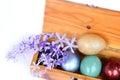 Spring celebrate, Happy easter. Colorful easter eggs in wood box Royalty Free Stock Photo