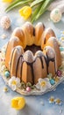 Spring celebration Babovka cake adorned with Easter tulips and eggs Royalty Free Stock Photo