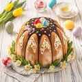 Spring celebration Babovka cake adorned with Easter tulips and eggs Royalty Free Stock Photo