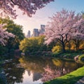 Spring in Central Park, New York City in panoramic with crabapple trees in bloom made with Generative AI