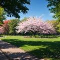 Spring in Central Park, New York City in panoramic with crabapple trees in bloom made with Generative AI