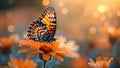 Spring charm: animated butterfly gracefully alighting on vibrant flowers in a captivating video.