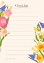 Spring Check list template on beige background. Vector illustration in springtime design with tulip, narcissus, daffodil, mimosa