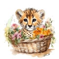 Spring cheetah watercolor illustration, spring clipart