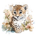 Spring cheetah watercolor illustration, spring clipart