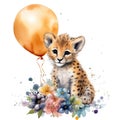 Spring cheetah watercolor illustration, spring clipart