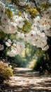 Spring cherry blossom branches bloom over a sun-dappled forest path, petals fall Royalty Free Stock Photo