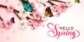 Spring cherry blossom vector background design. Hello spring greeting text with pink sakura tree and butterflies elements. Royalty Free Stock Photo