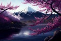 Spring, cherry blossoms, pink and white buds and cherry blossoms on the background of the mountain and river. Spring background
