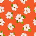 Spring cherry blossoms. Seamless pattern with Japanese sakura. Pink flowers on orange background. Romantic Vector illustration. Royalty Free Stock Photo