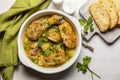 Spring Chicken casserole made with potato, leek, green pea,