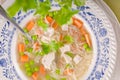 Spring chicken soup noodles, vegetable and toast Royalty Free Stock Photo