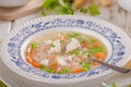 Spring chicken soup noodles, vegetable and toast Royalty Free Stock Photo