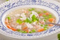 Spring chicken soup noodles, vegetable and toast Royalty Free Stock Photo